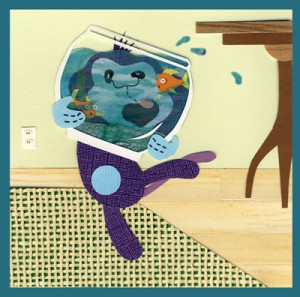 Monkey Ono holds a fishbowl